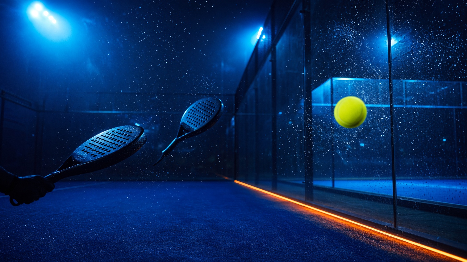 Padel-Rallye bei Nacht, Ball kurz vor der Glasscheibe